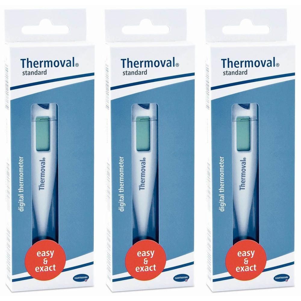 Trois paquets de thermomètres numériques Thermoval Standard avec écran LCD et cercle rouge "easy & exact".