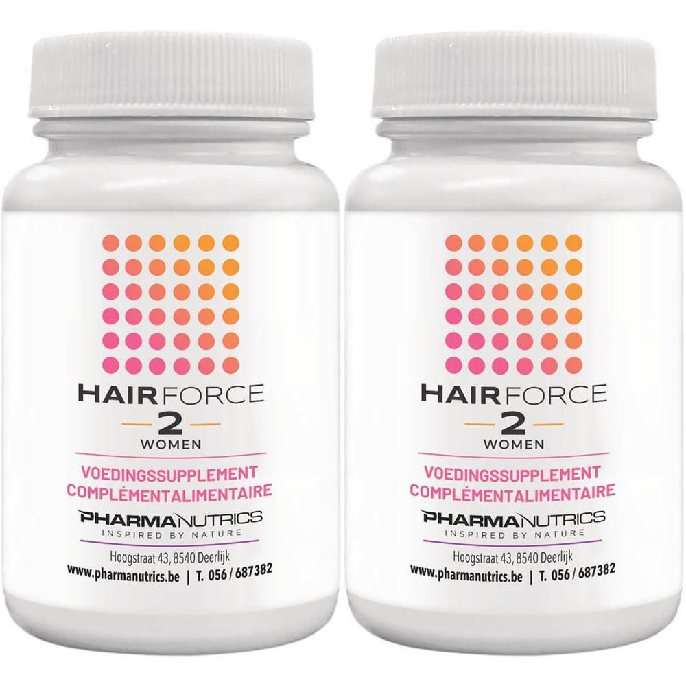 Twee witte potjes met voedingssupplementen voor vrouwen, "HairForce 2 Women".