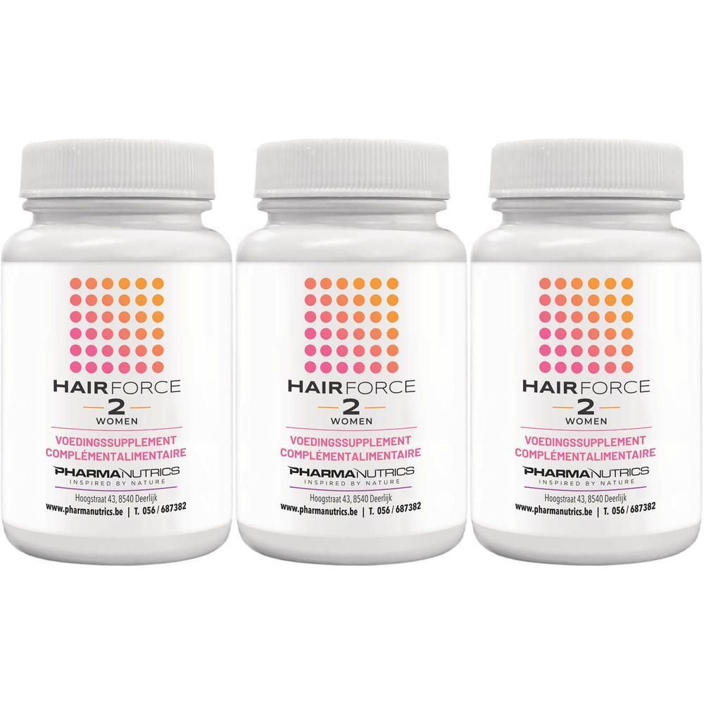 Trois contenants blancs de compléments alimentaires PharmaNutrics HairForce 2 Women.