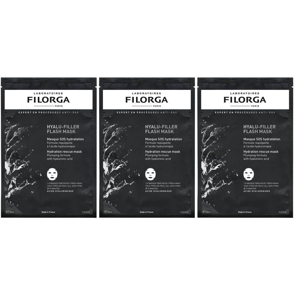 Drie Filorga HYALU-FILLER FLASH MASK enkele verpakkingen met hyaluronzuur.