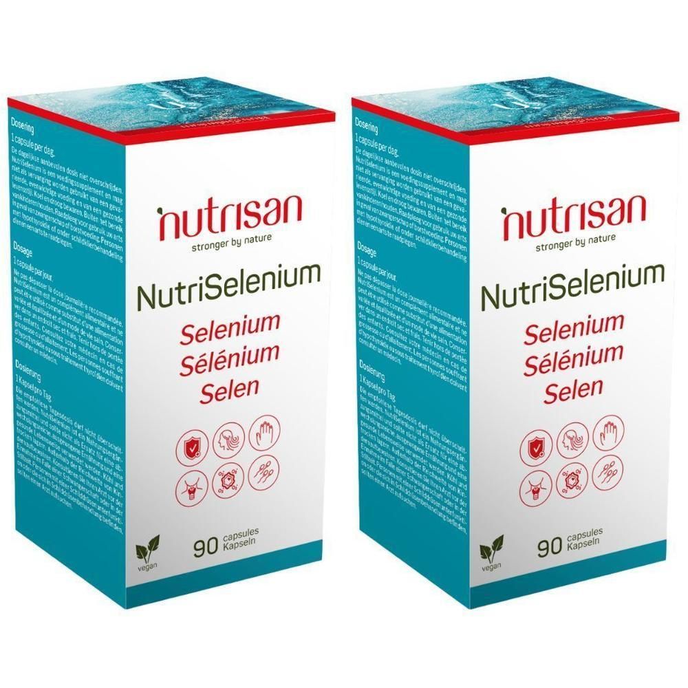 Deux boîtes de Nutrisan NutriSelenium, chacune contenant 90 gélules. Contient du sélénium.