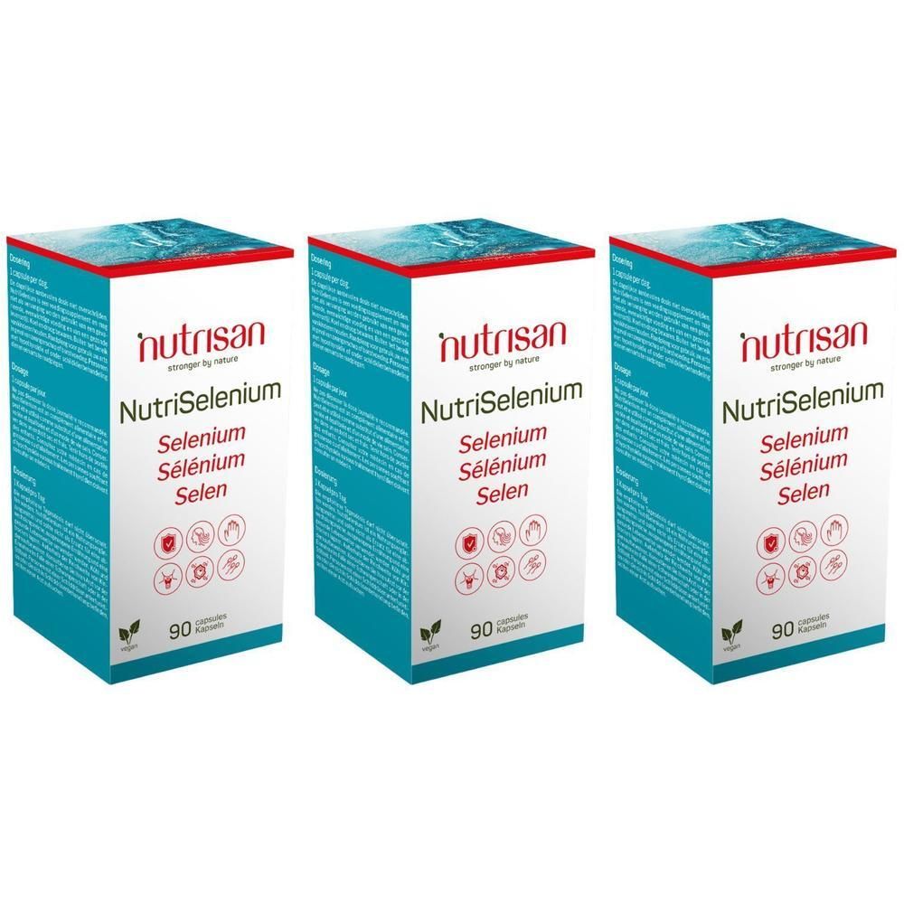 Drie verpakkingen Nutrisan NutriSelenium met elk 90 capsules. Duidelijke verpakking met productinformatie en iconen.