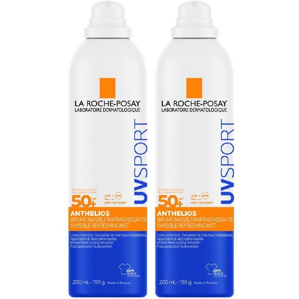 Deux flacons de spray solaire La Roche-Posay Anthelios UV Sport SPF 50+.