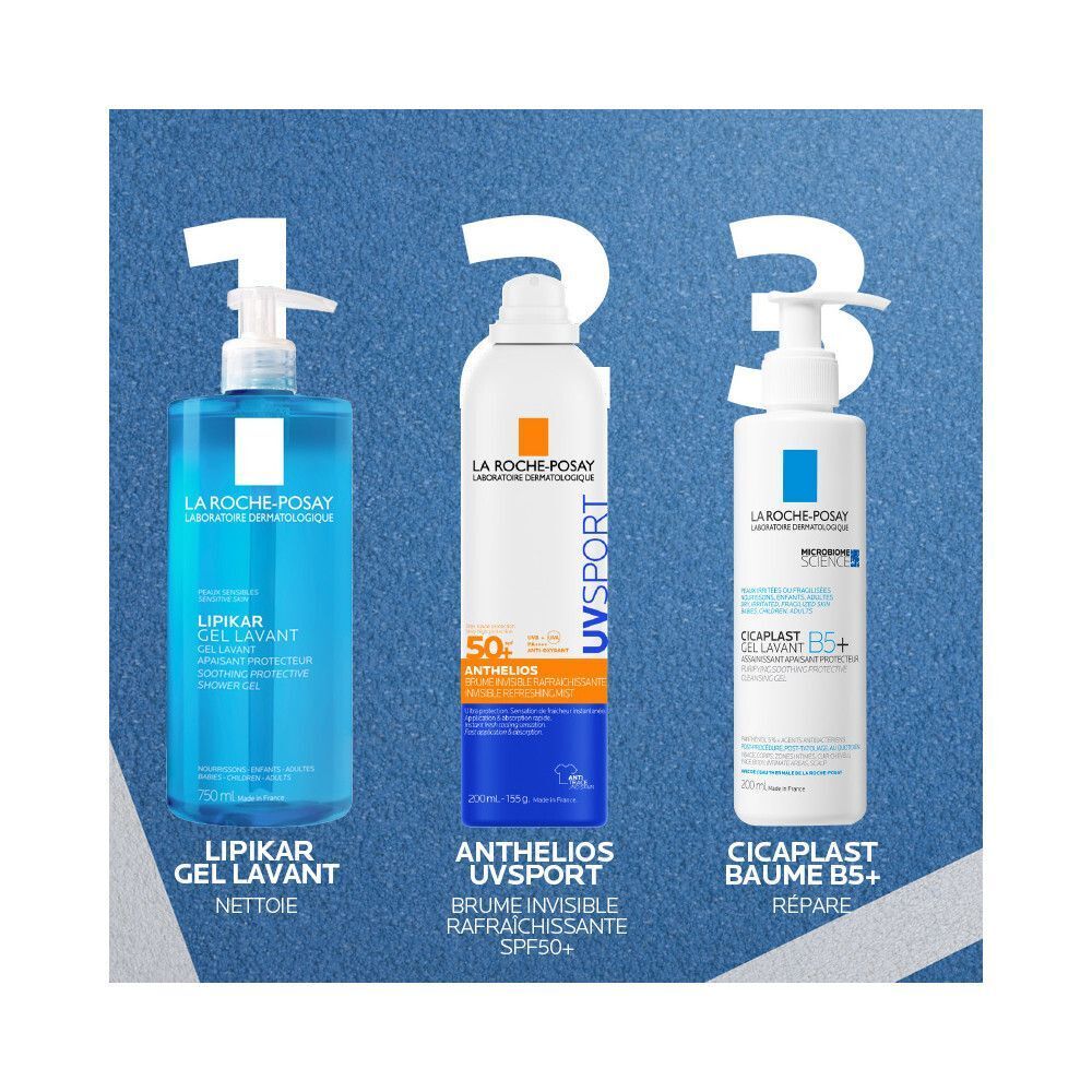 Produits La Roche-Posay : Lipikar Gel Lavant, Anthelios UV Sport Spray, Cicaplast Baume B5+.