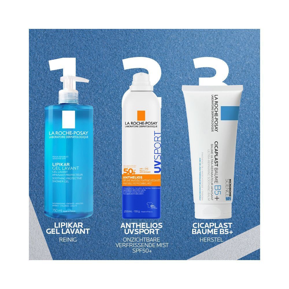 La Roche-Posay producten: Lipikar Gel Lavant, Anthelios UV Sport Spray, Cicaplast Baume B5+.