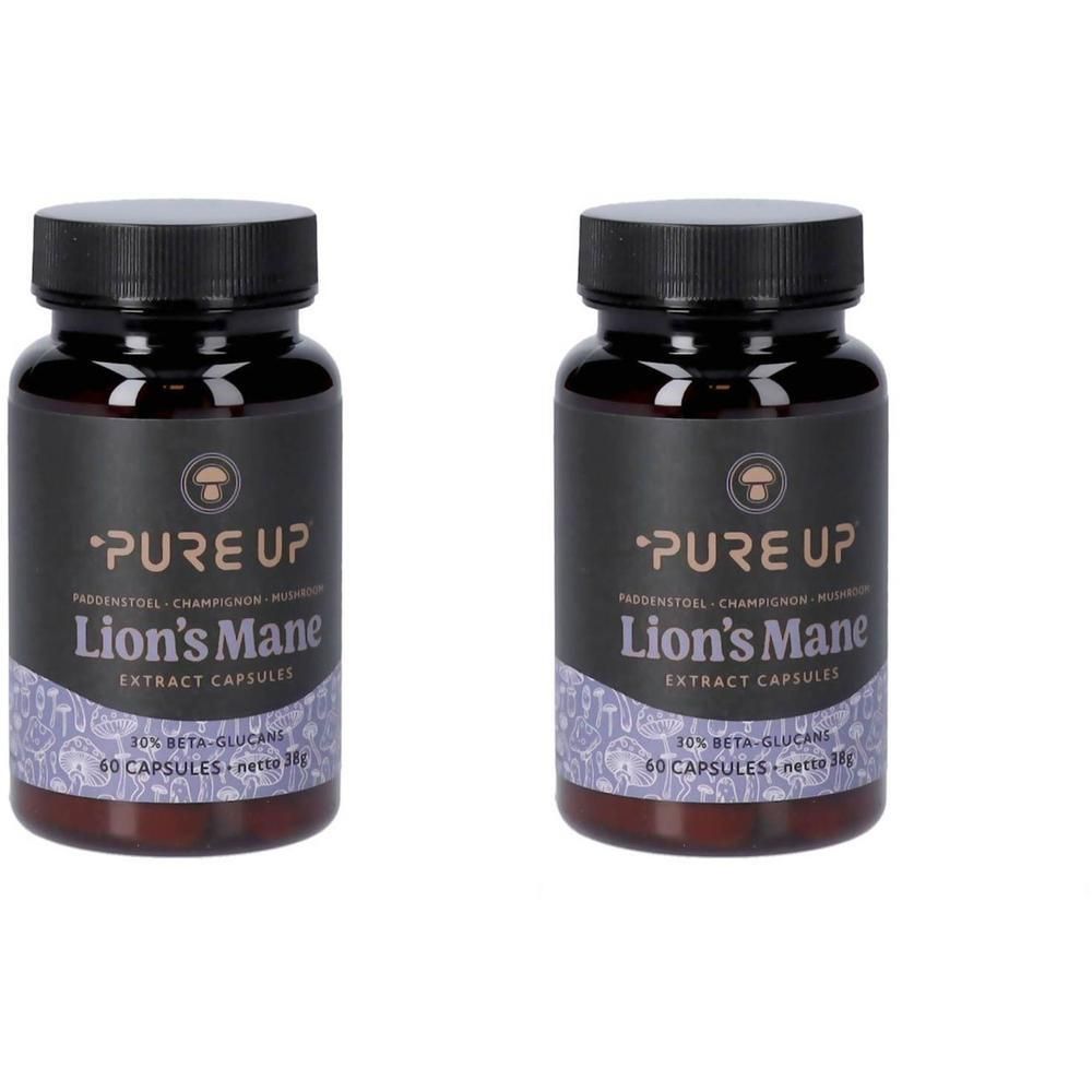Deux flacons de capsules d'extrait de Lion's Mane Pure Up avec bouchons noirs et étiquettes montrant des symboles de champignons.
