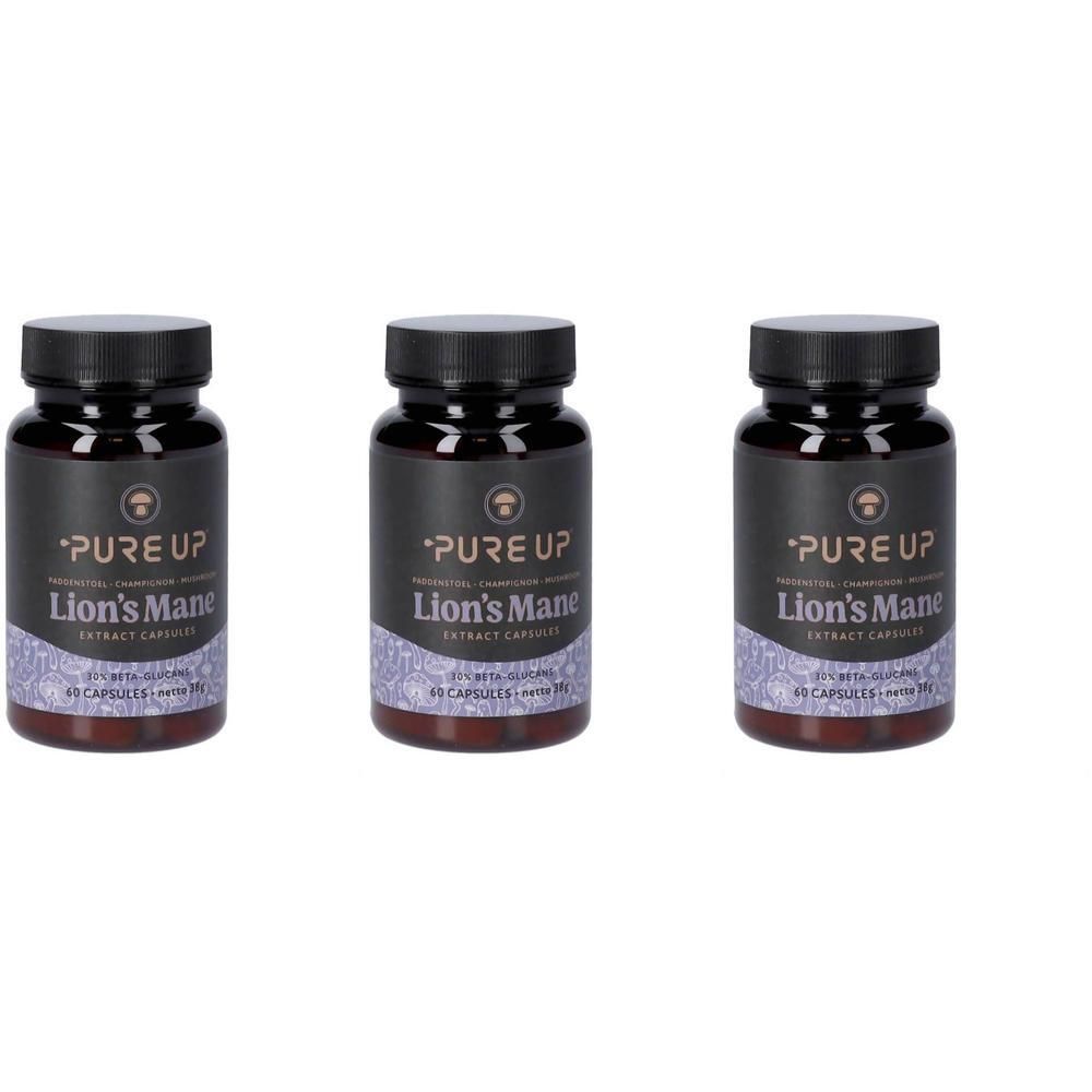 Drie flessen Pure Up Lion's Mane Extract Capsules, 60 capsules per fles.