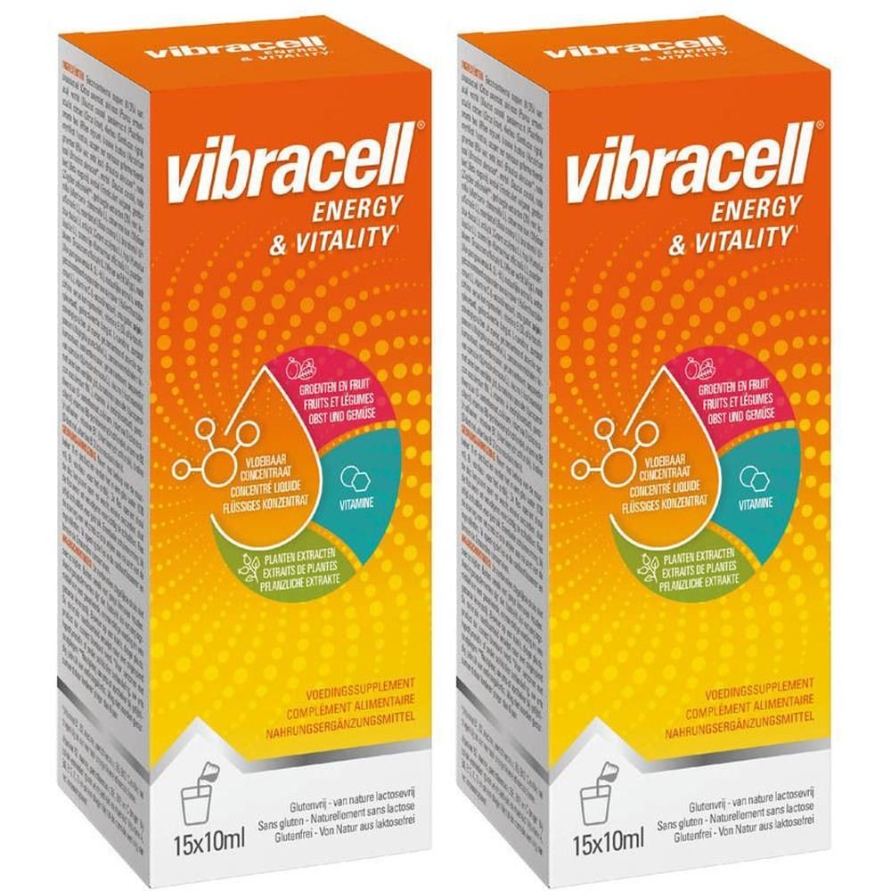 Deux boîtes de Vibracell Énergie & Vitalité, 15x10ml. Carton orange avec cercles colorés et symboles de goutte.