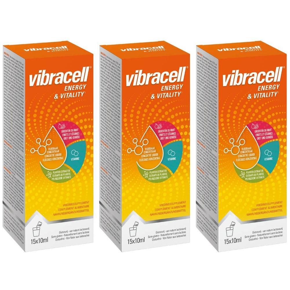 Drie dozen Vibracell Energy & Vitality, elk met 15x10ml ampullen. Oranje en geel design met bubbelpatroon.