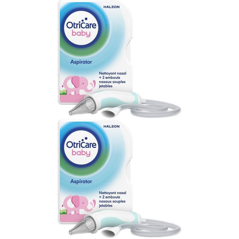 Deux aspirateurs nasaux OtriCare Baby avec 2 embouts souples jetables chacun.