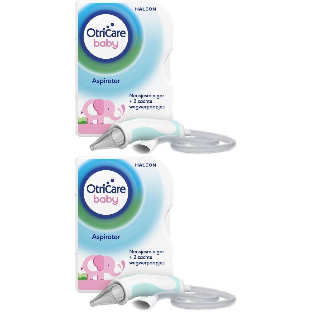 Twee OtriCare Baby neusaspirators met elk 2 zachte wegwerpkapjes.