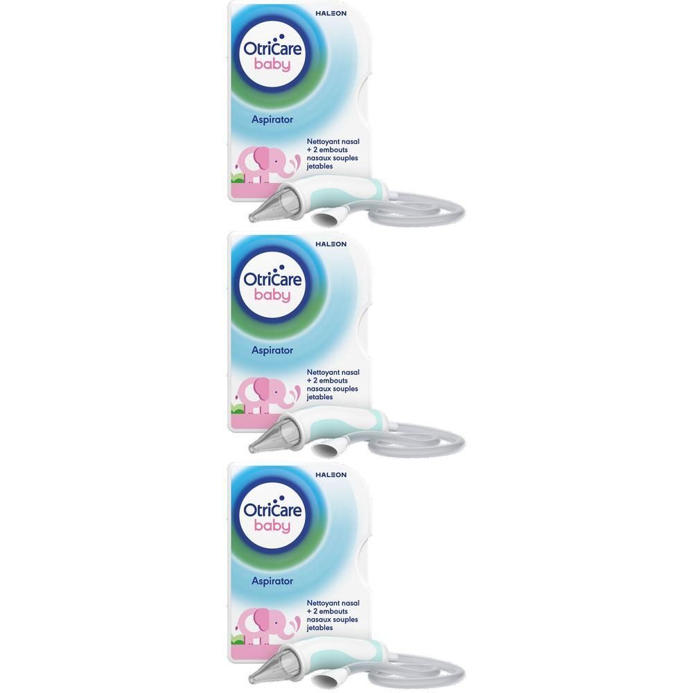Trois aspirateurs nasaux OtriCare Baby avec emballage et accessoires.