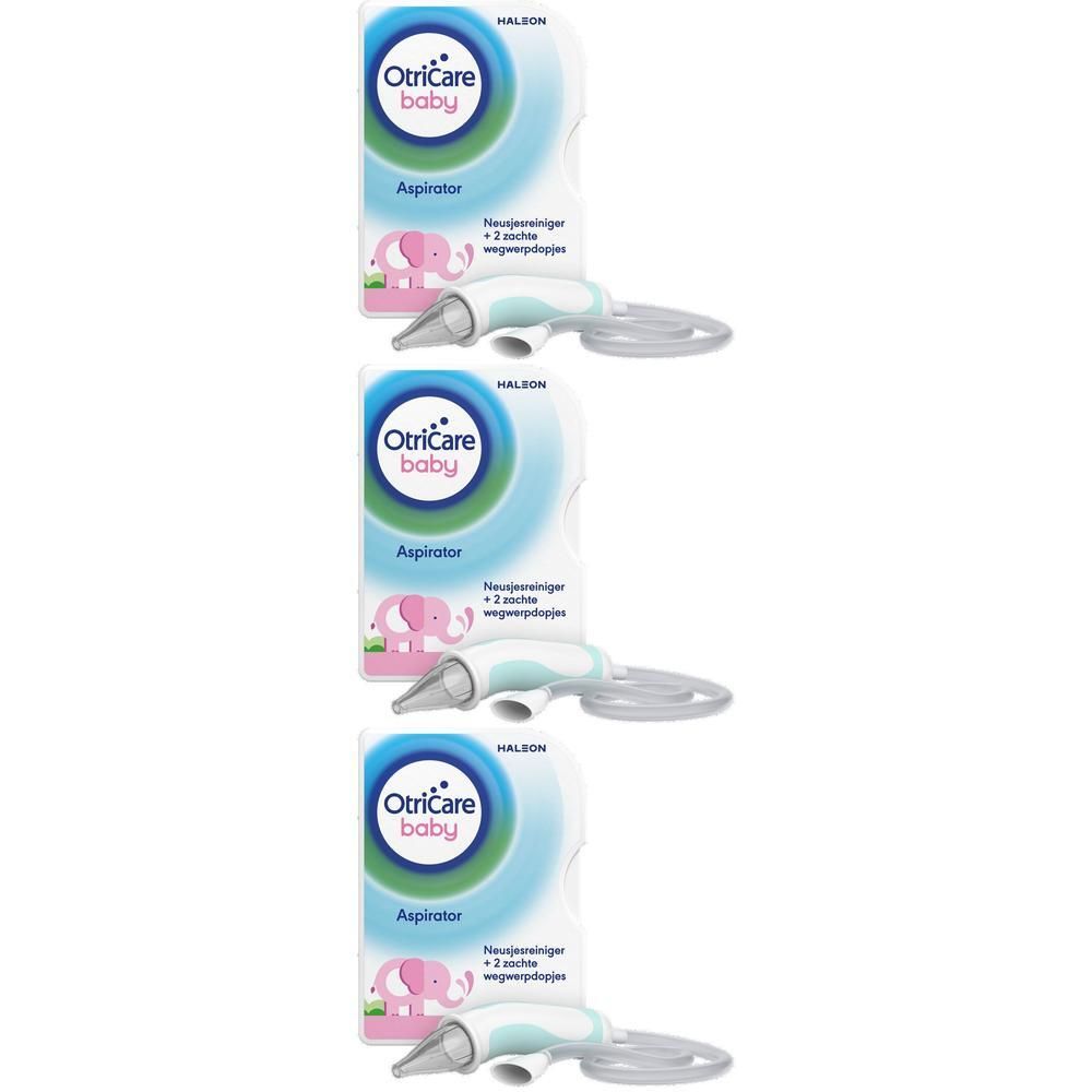 Drie OtriCare Baby neusverstuivers met verpakking en accessoires.