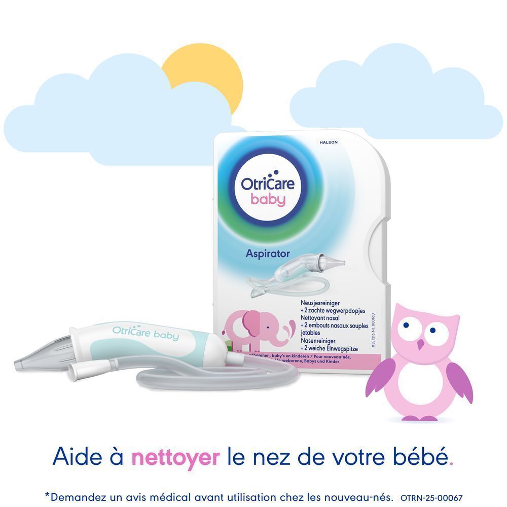 Aspirateur nasal OtriCare Baby, emballage, 2 embouts souples et une chouette rose.