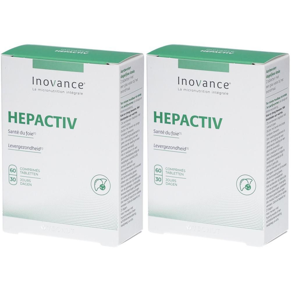 Deux boîtes d'Inovance Hepactiv, 60 comprimés chacune, pour la santé du foie.