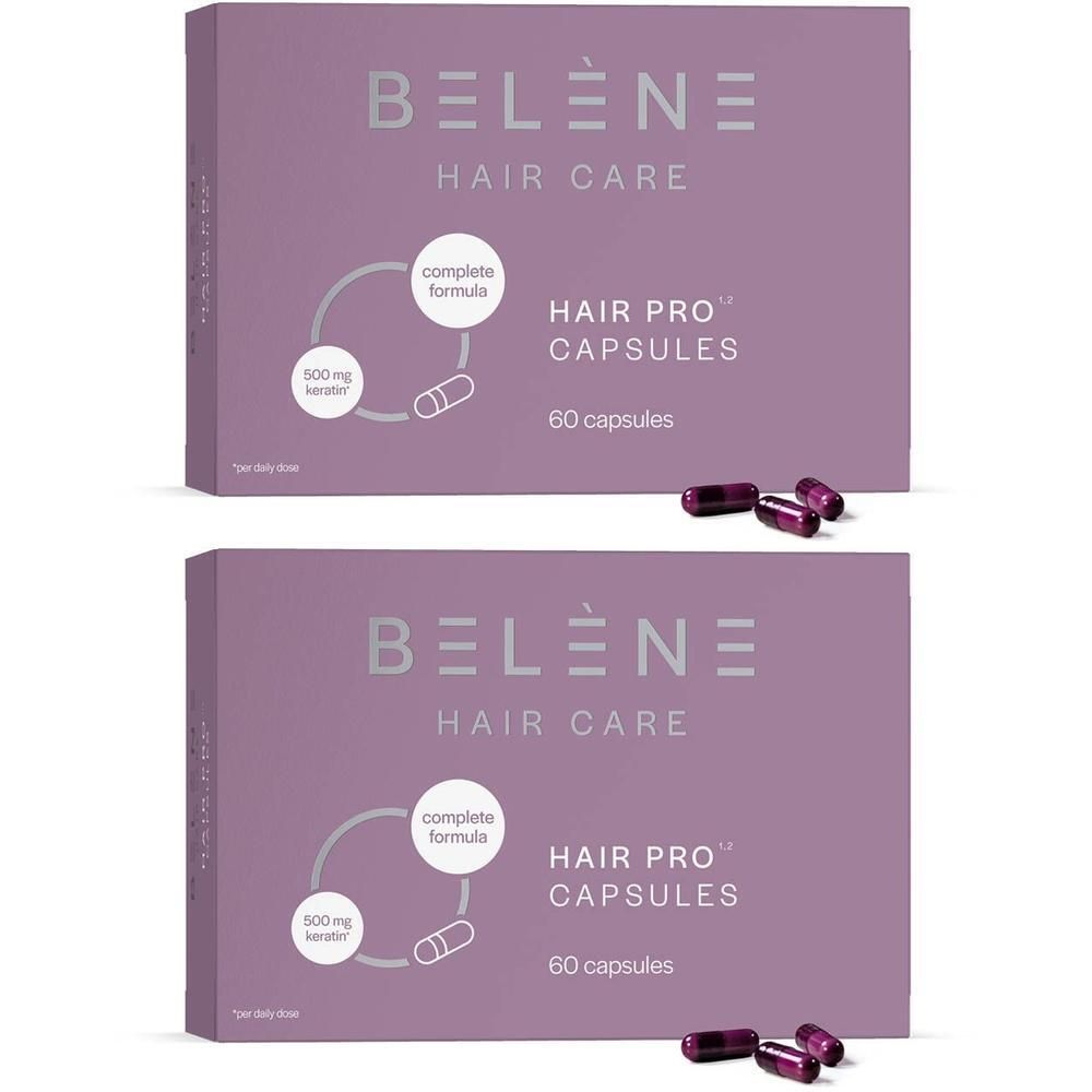 Twee pakken Belène Hair Pro capsules, 60 capsules per pak.