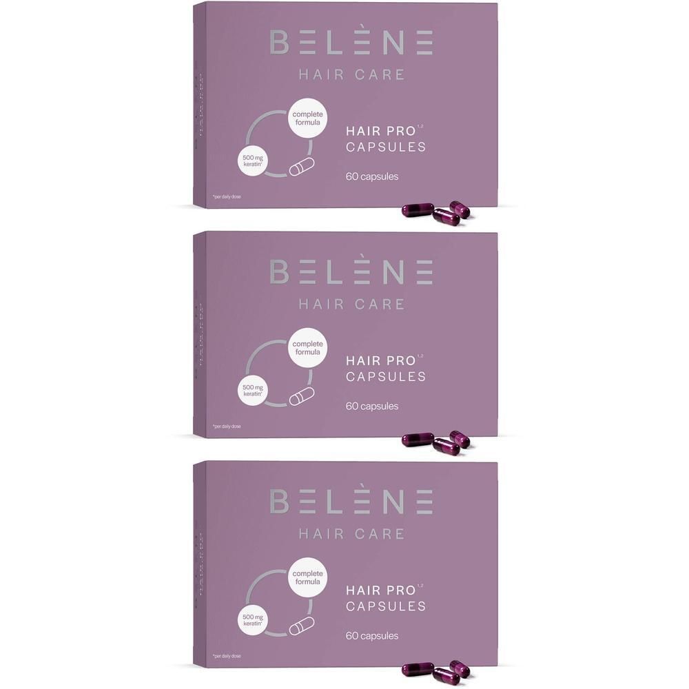 Drie pakken Belène Hair Pro capsules, 60 capsules per pak.