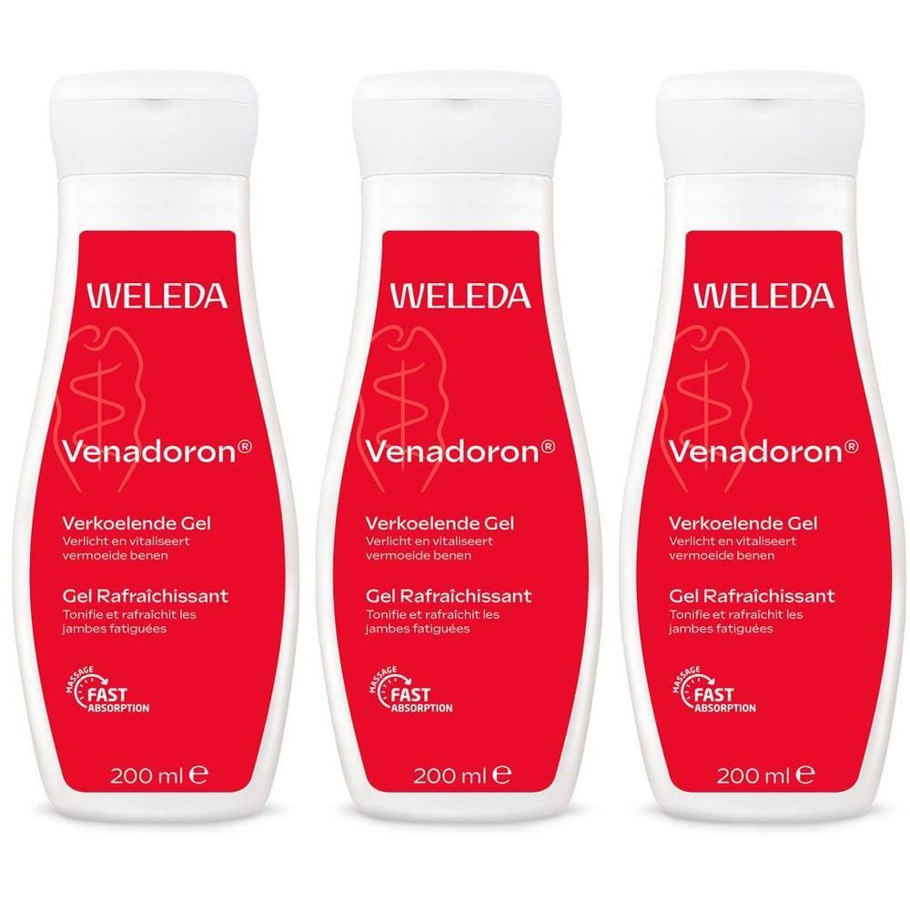 Trois gels rafraîchissants Weleda Venadoron dans des flacons blancs avec étiquette rouge.