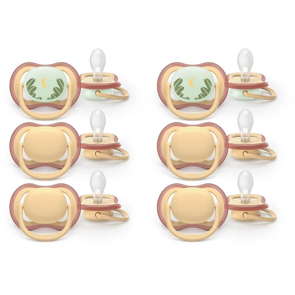 Six sucettes Philips Avent Ultra Air, deux modèles, beiges et marron.