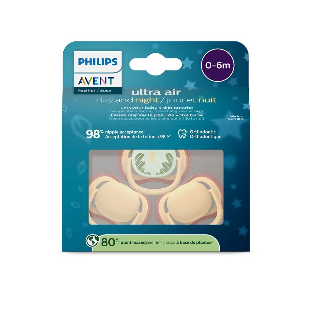 Philips Avent Ultra Air fopspeen 0-6m verpakking met drie spenen.