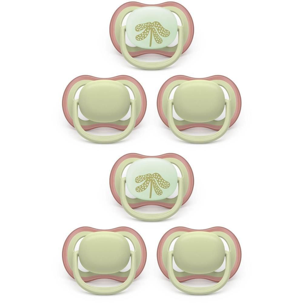 Six sucettes Philips Avent vert clair et rose avec motif libellule.