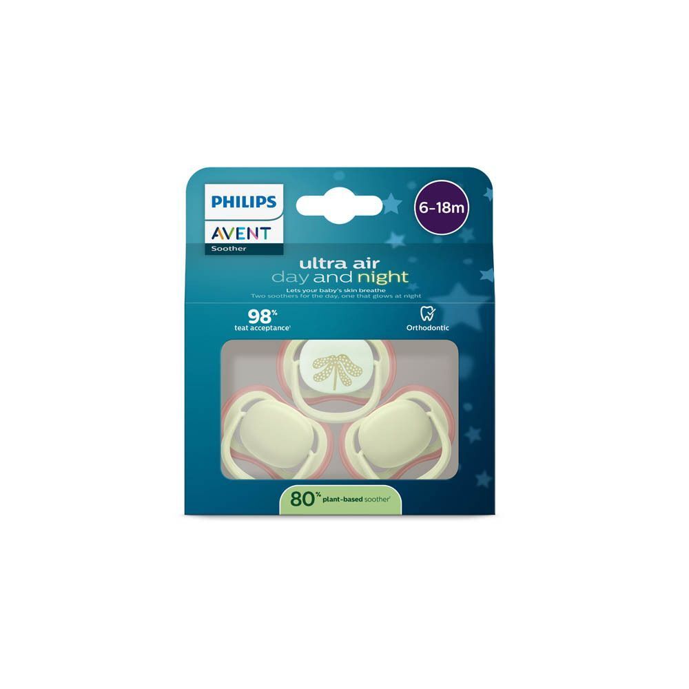 Emballage de trois sucettes Philips Avent Ultra Air, pour bébés de 6 à 18 mois.