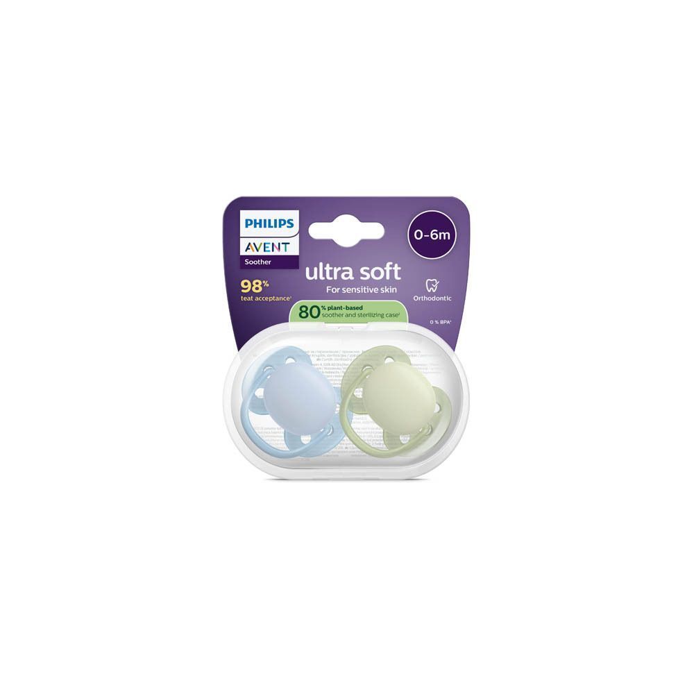 Emballage de deux sucettes Philips Avent Ultra Soft, 0-6m, bleu clair et vert clair.