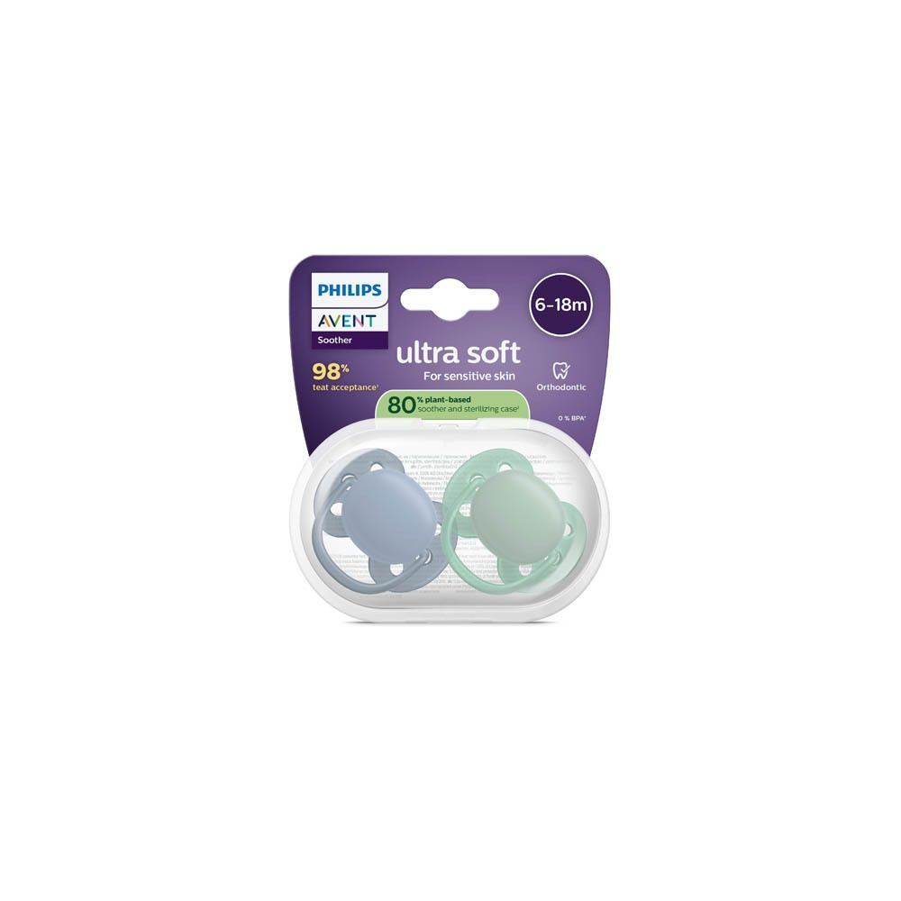Sucettes Philips Avent Ultra Soft pour peaux sensibles, 6-18m, en emballage.