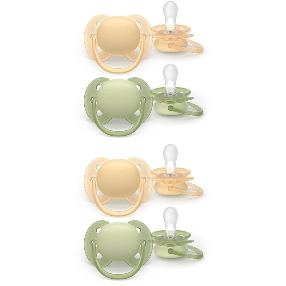 Quatre sucettes Philips Avent pêche et vert olive.