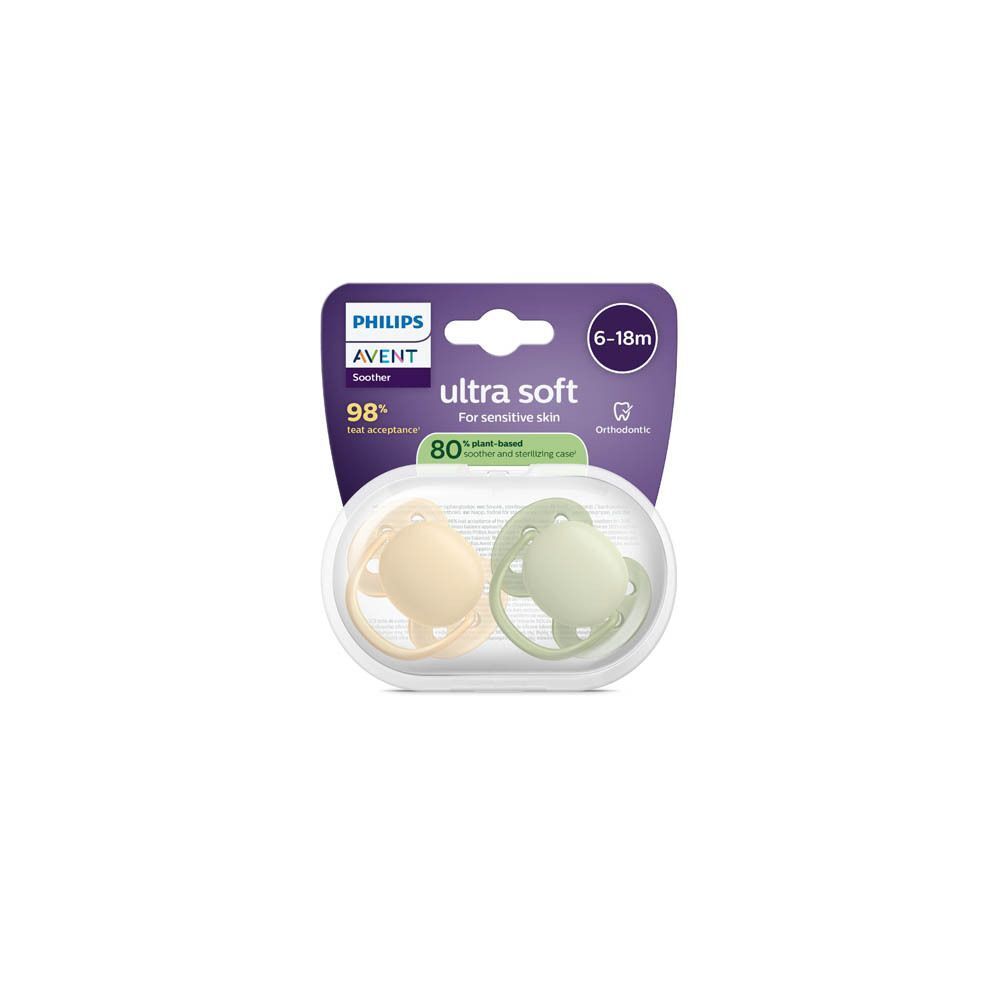 Emballage de deux sucettes Philips Avent Ultra Soft pour peaux sensibles, 6-18 mois.