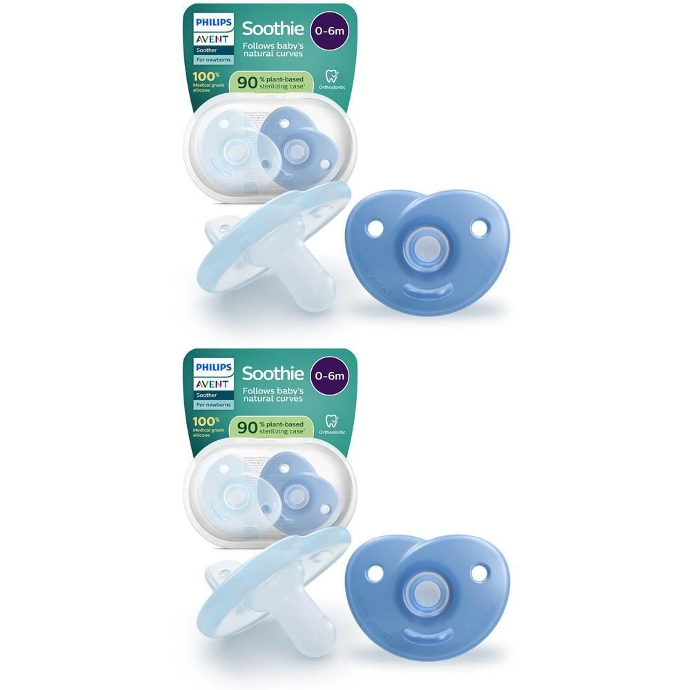 Twee Philips Avent Soothie fopspeentjes voor pasgeborenen in lichtblauw en blauw.