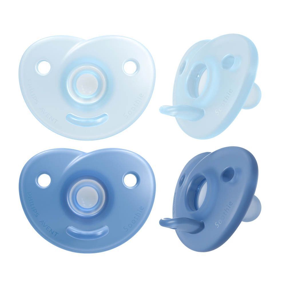 Vier Philips Avent Soothie fopspeentjes in lichtblauw en blauw, diverse weergaven.
