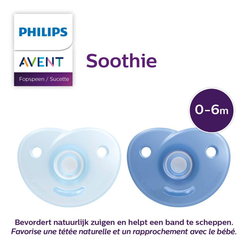 Twee Philips Avent Soothie fopspeentjes (0-6m) in lichtblauw en blauw.