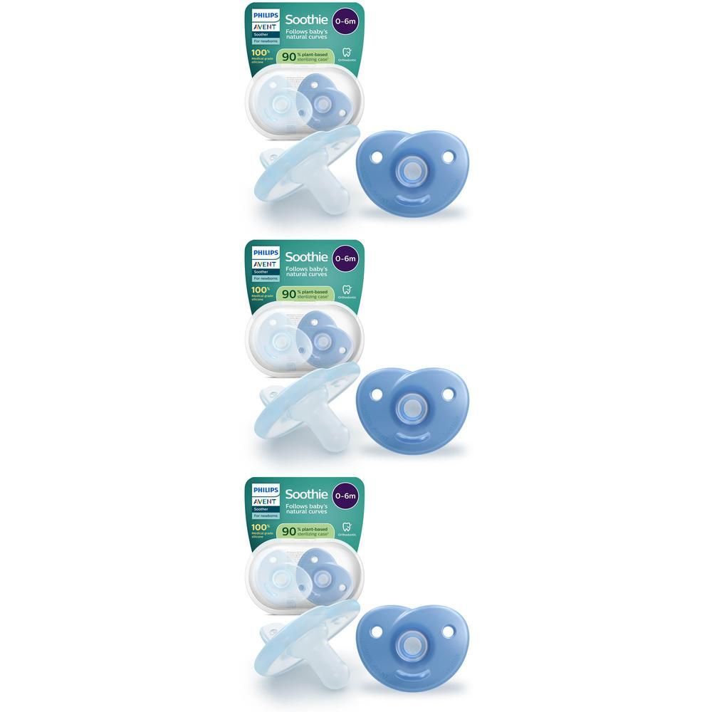 Twee Philips Avent Soothie fopspeentjes (0-6m) lichtblauw en blauw, verpakt.
