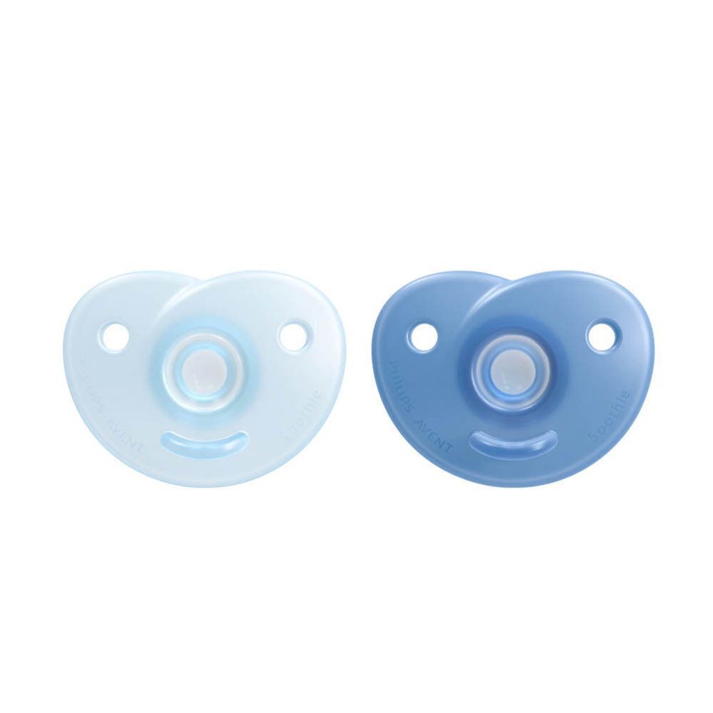 Deux sucettes Philips Avent Soothie (0-6m) bleu clair et bleu.