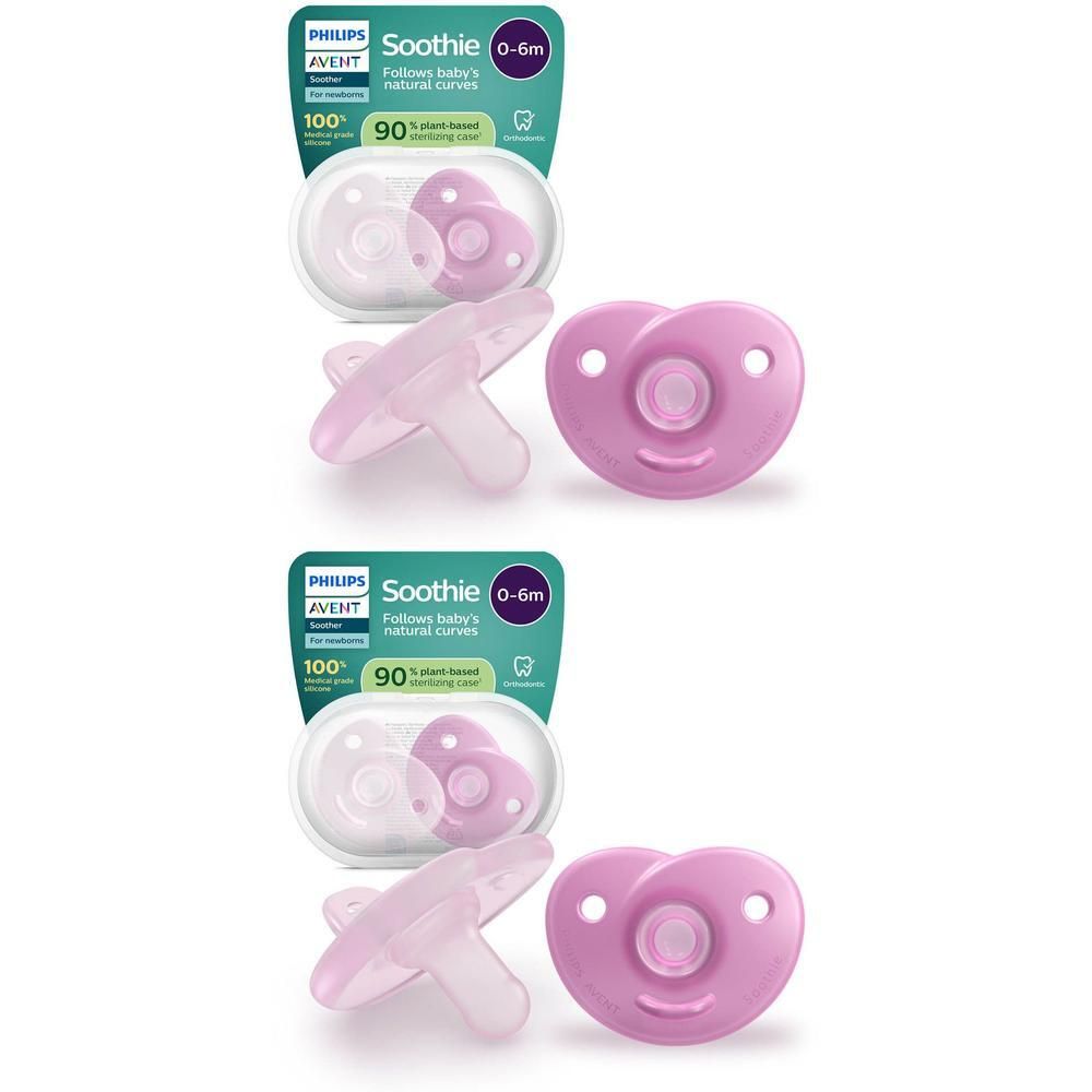 Twee Philips Avent Soothie fopspeentjes 0-6m in roze, verpakt.