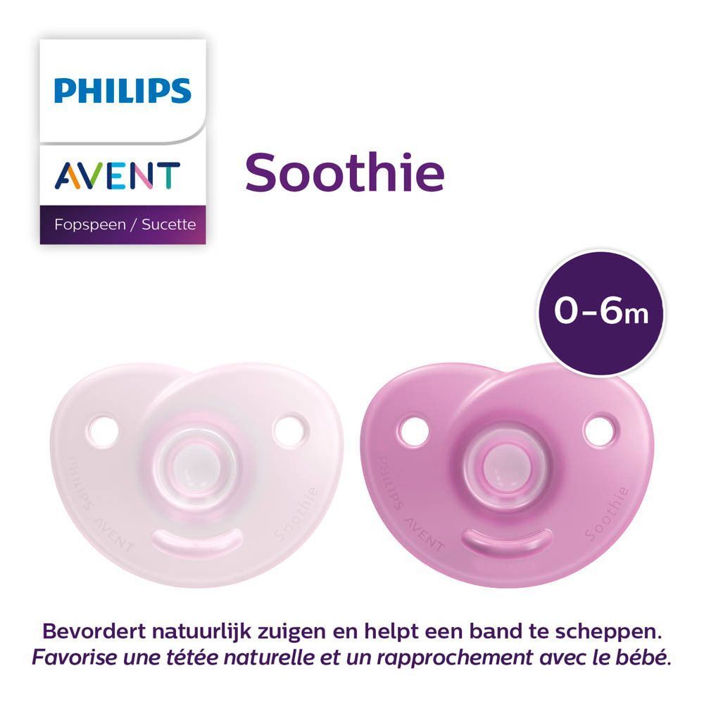 Twee Philips Avent Soothie fopspeentjes 0-6m in roze.