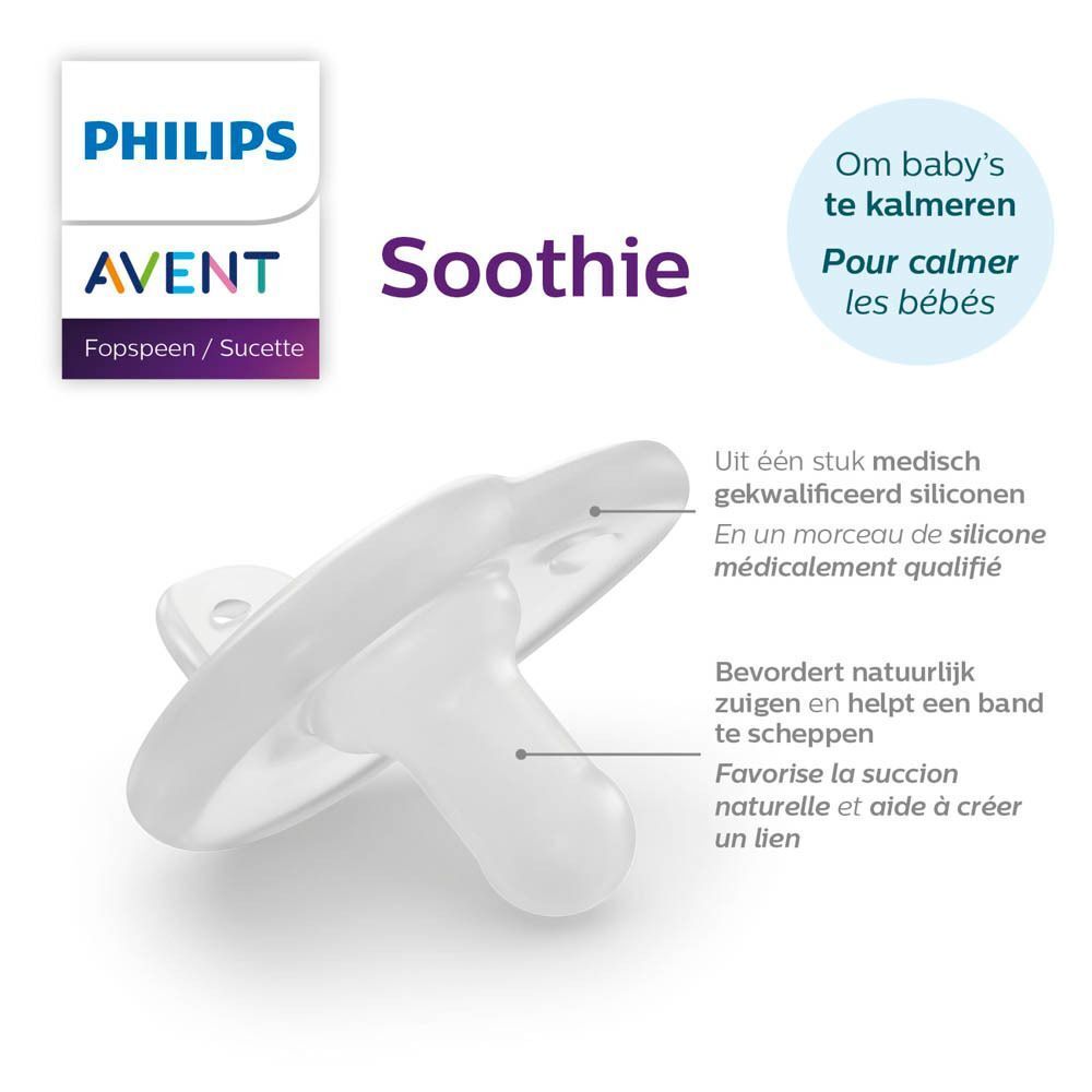 Een Philips Avent Soothie fopspeentje 0-6m van medische siliconen.