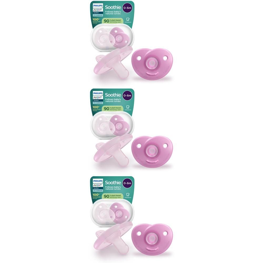 Trois sucettes Philips Avent Soothie rose et fuchsia, 0-6m, en emballage individuel.