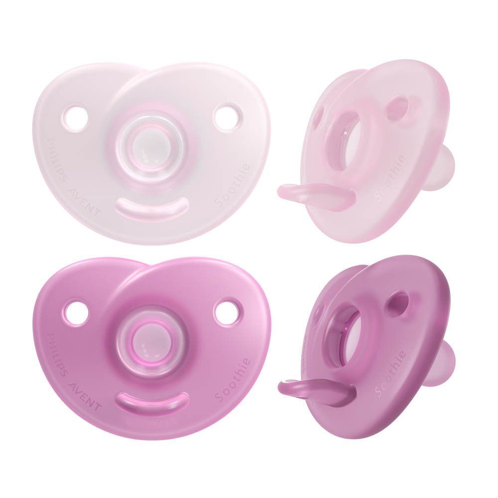 Quatre sucettes Philips Avent Soothie rose et fuchsia, différentes vues.
