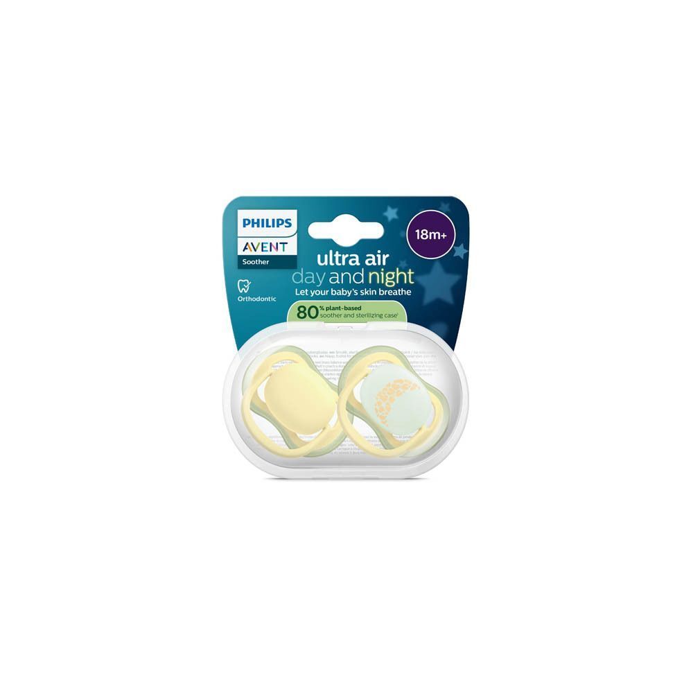 Verpakking voor twee Philips Avent Ultra Air fopspenen, 18m+. Geel en groen, met giraffepatroon.