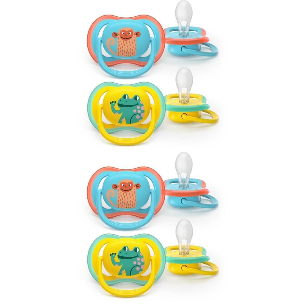 Twee fopspeentjes met dierenmotieven: kikker en aap.