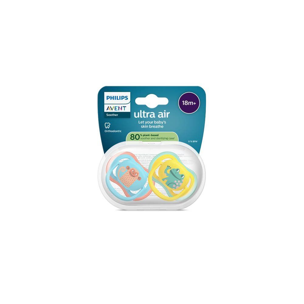 Philips Avent Ultra Air fopspeen set voor baby's vanaf 18 maanden. Bevat twee fopspenen.
