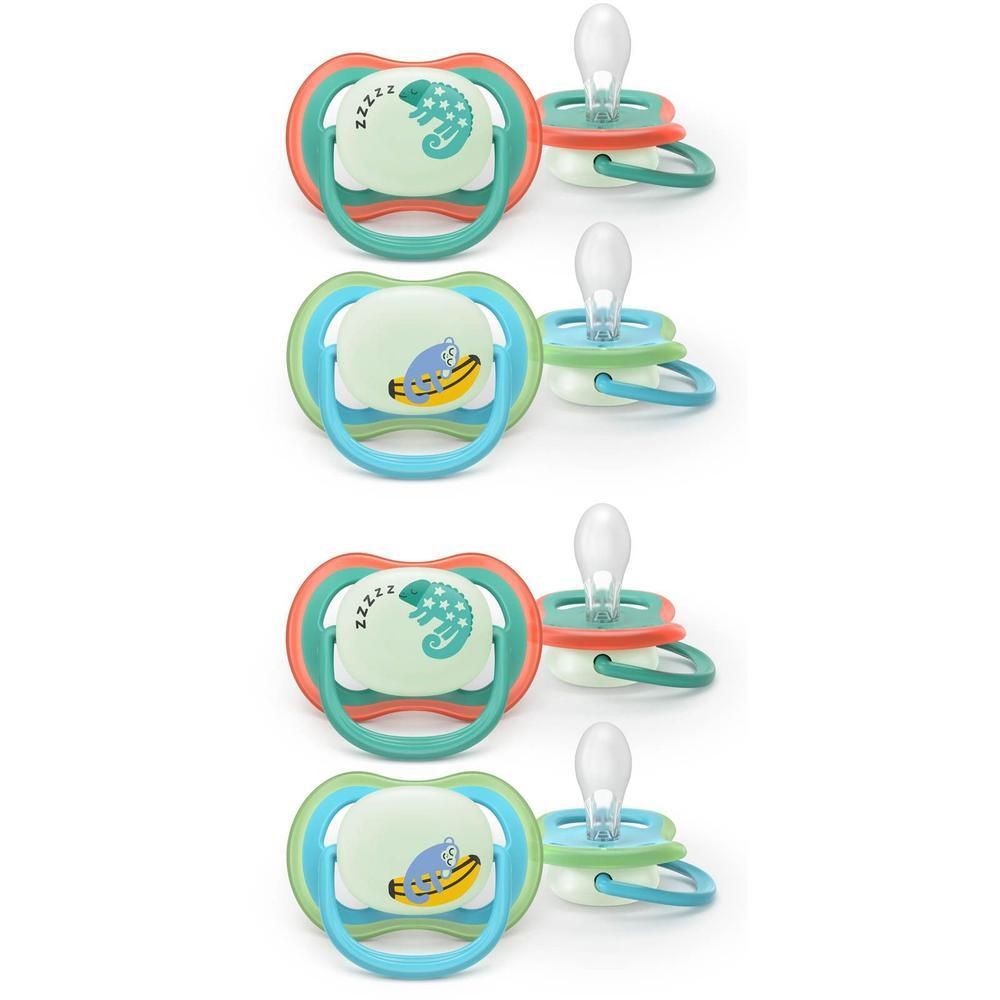 Quatre sucettes avec motifs animaux : caméléon et banane. Vert, corail et bleu.