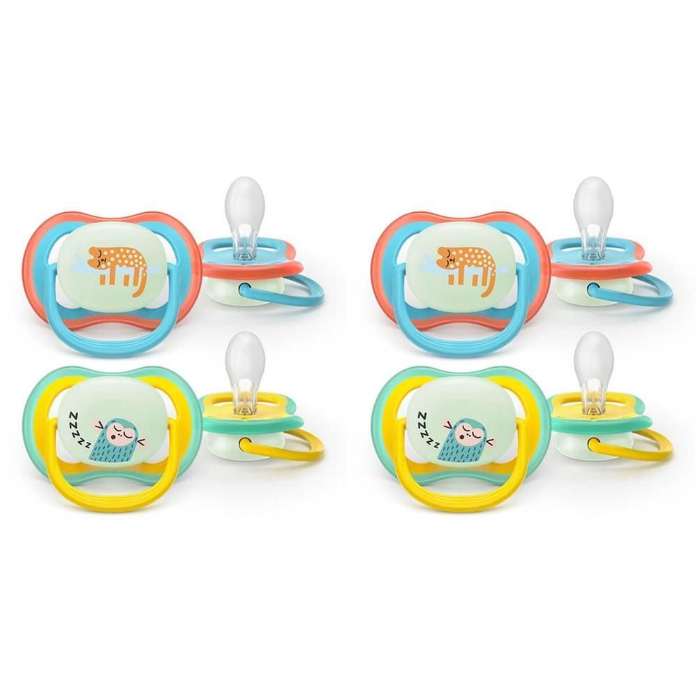 Deux sucettes Philips Avent avec motifs animaux : un léopard et une chouette.