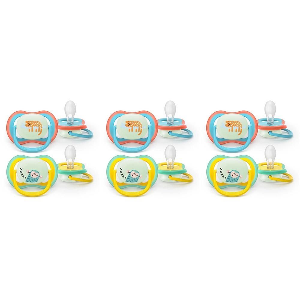 Trois sucettes Philips Avent avec motifs animaux : léopard et hibou. Bleu, rouge et jaune.