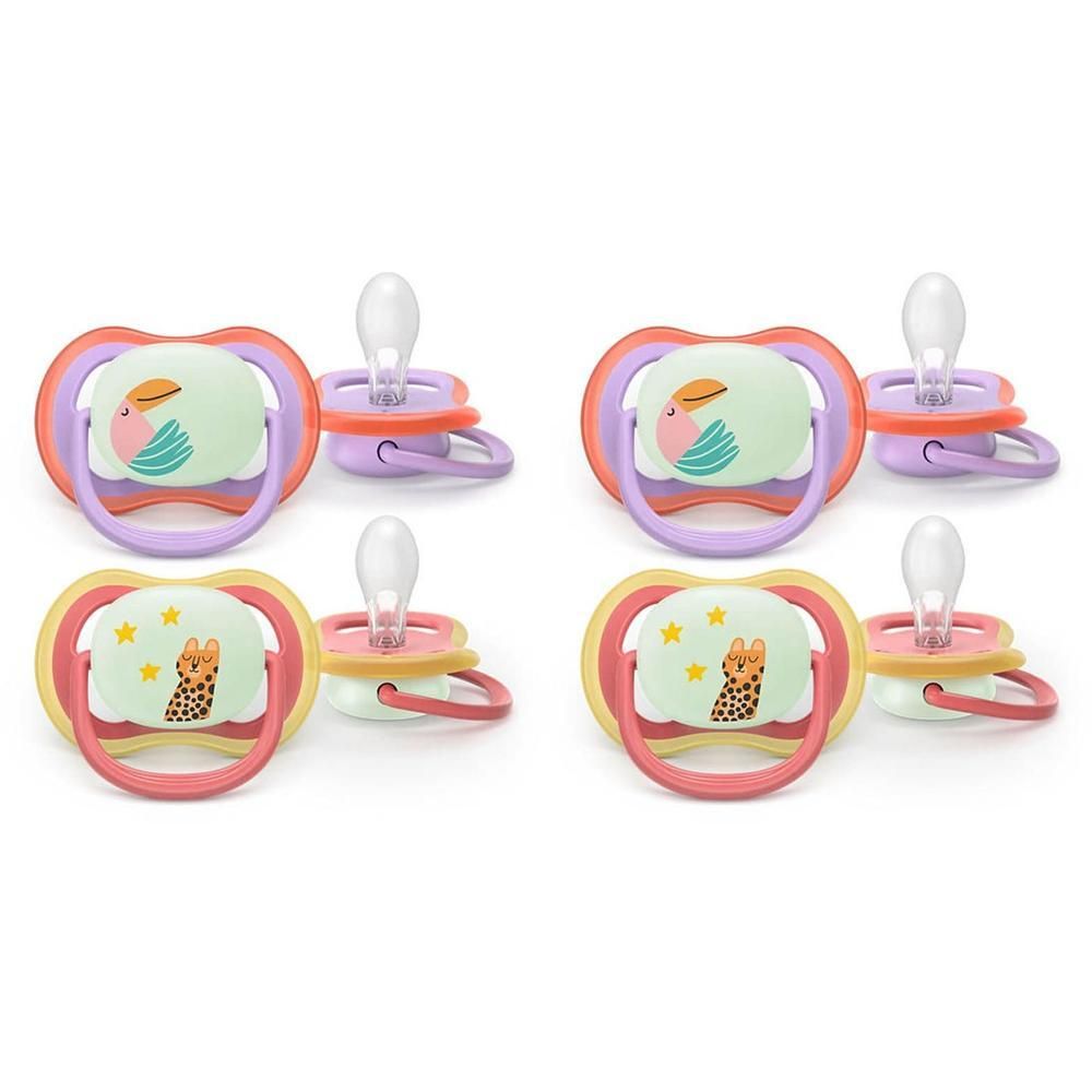 Deux sucettes Philips Avent avec motifs animaliers : toucan et chat.