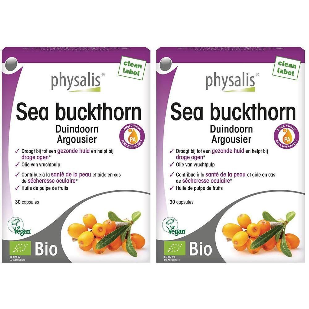 Twee verpakkingen Physalis Duindoorn Bio 30 capsules. Met bessen en bladeren.