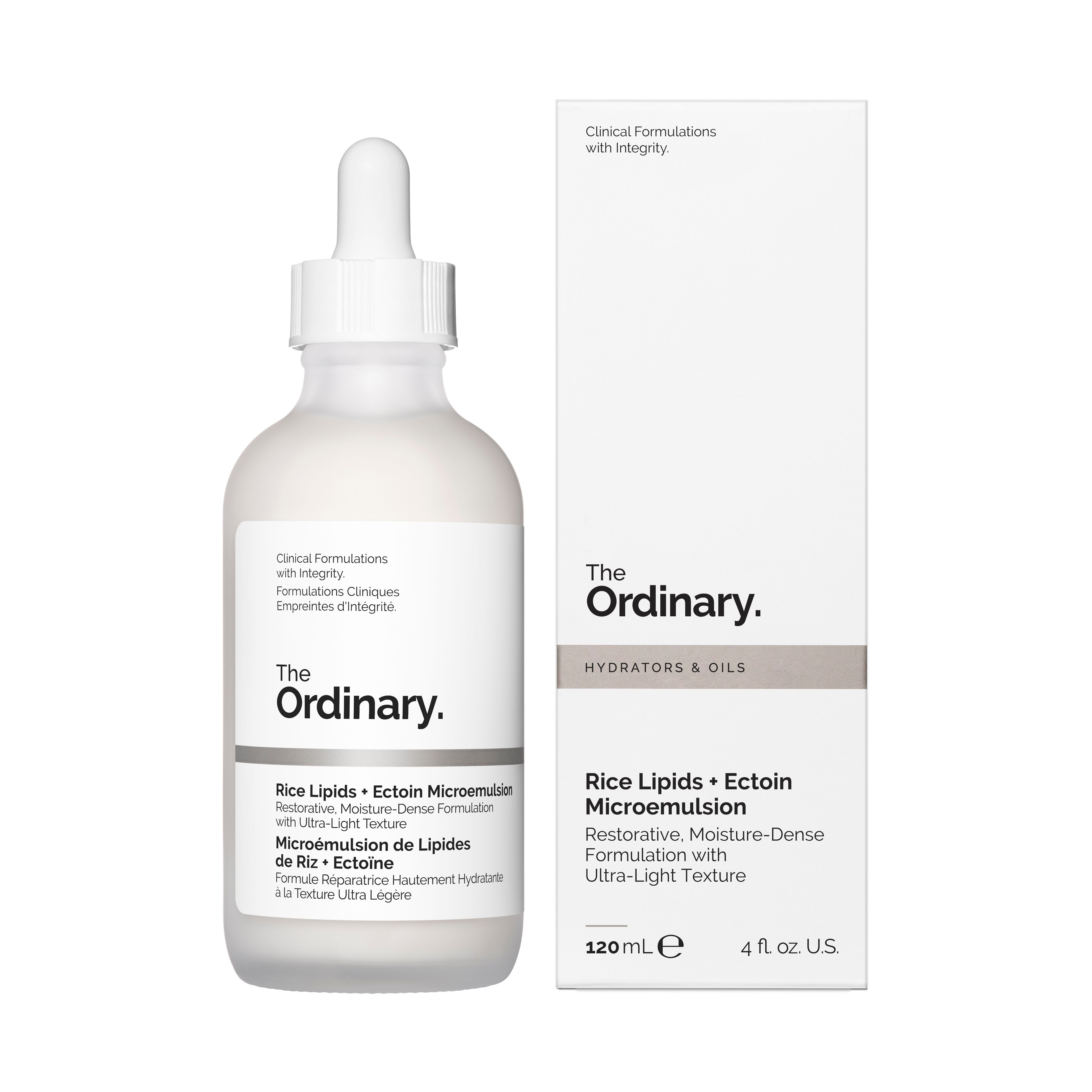 Flacon et boîte The Ordinary Rice Lipids + Ectoin Microemulsion, 120 ml.