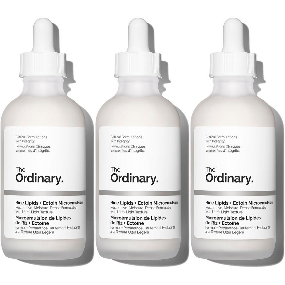 Drie flacons van het product 'The Ordinary Rice Lipids + Ectoin Microemulsion'.